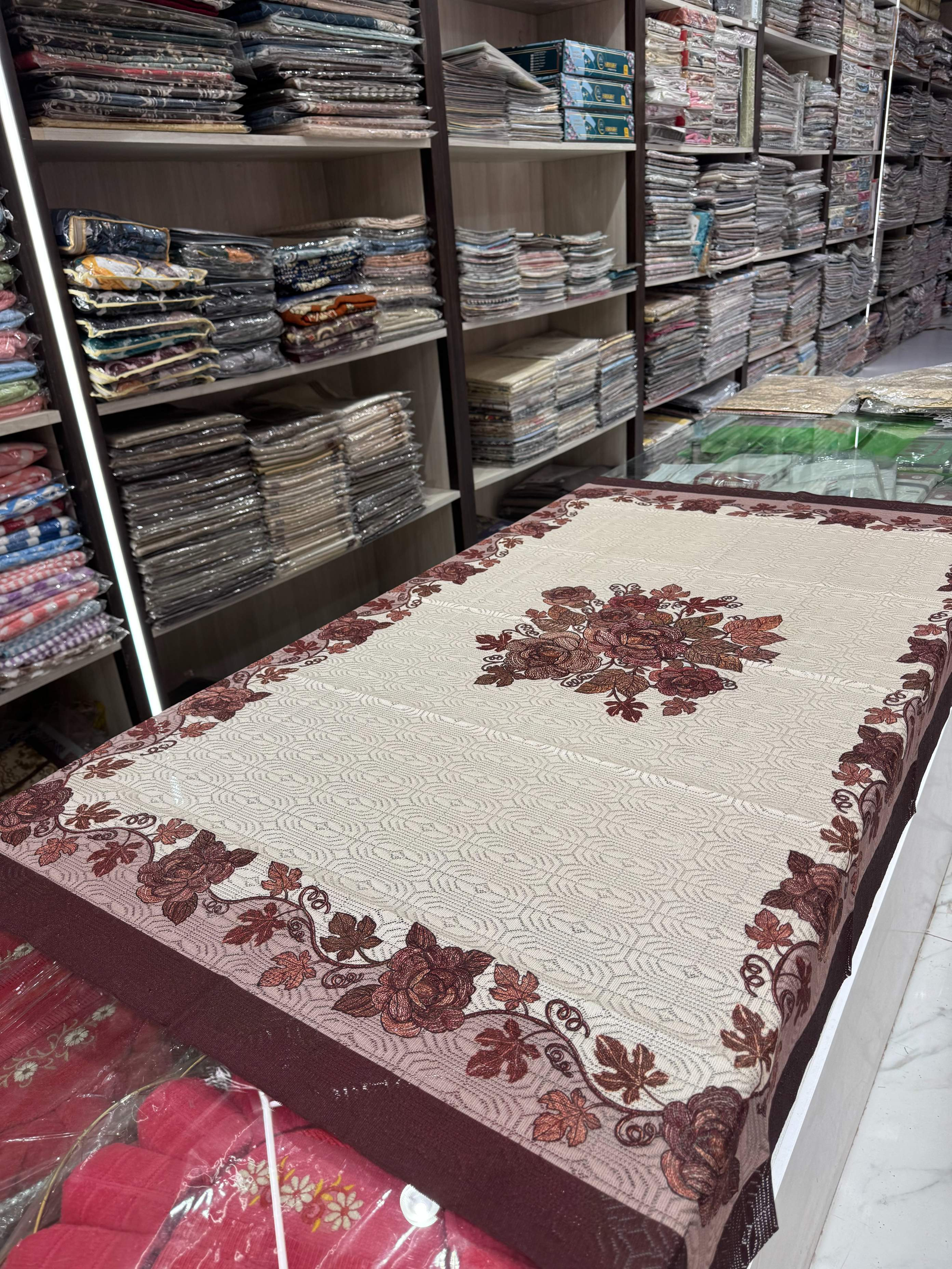 Embroidered brown floral table cover