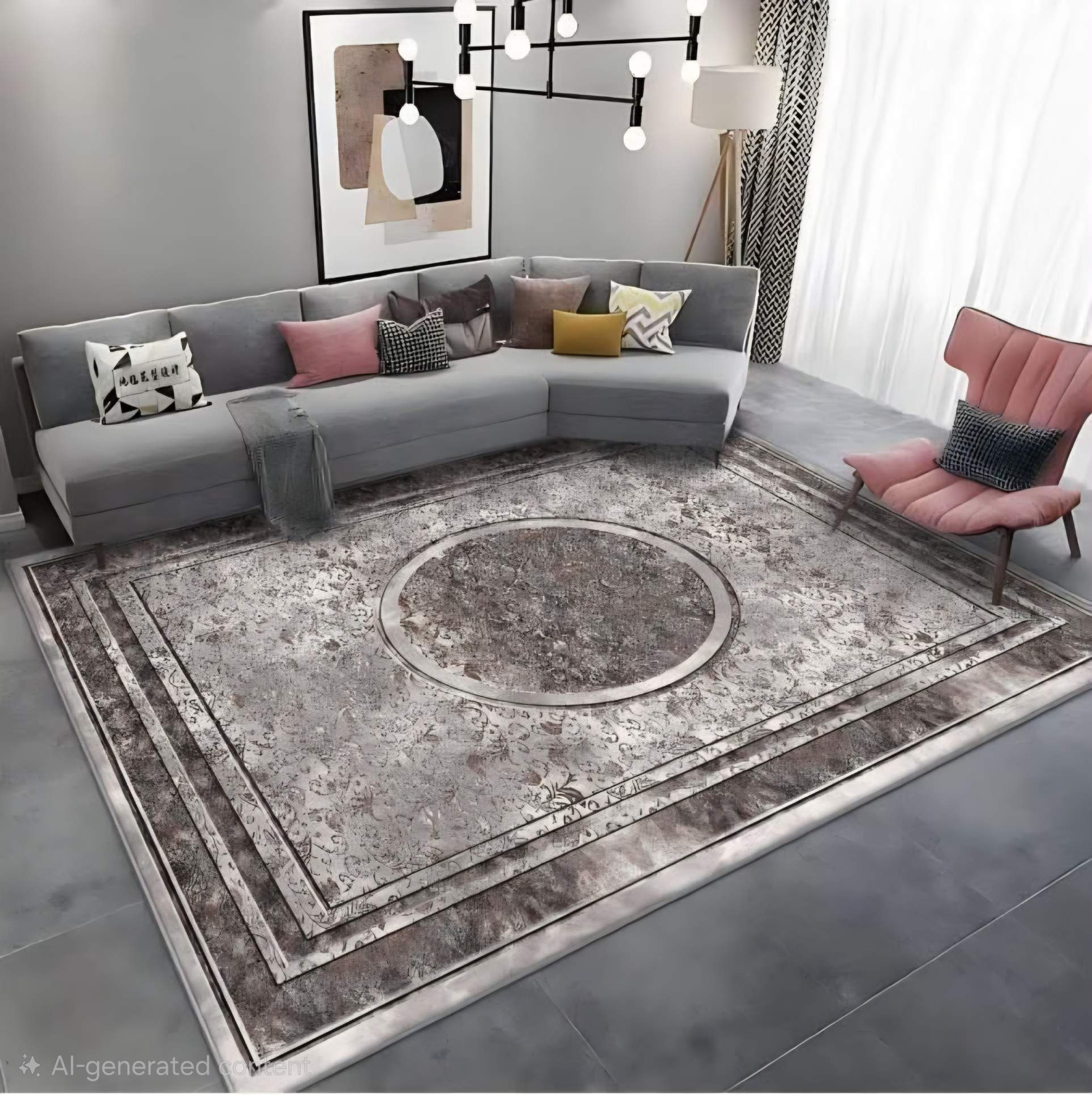 Showroom display of a patterned area rug in a styled living room